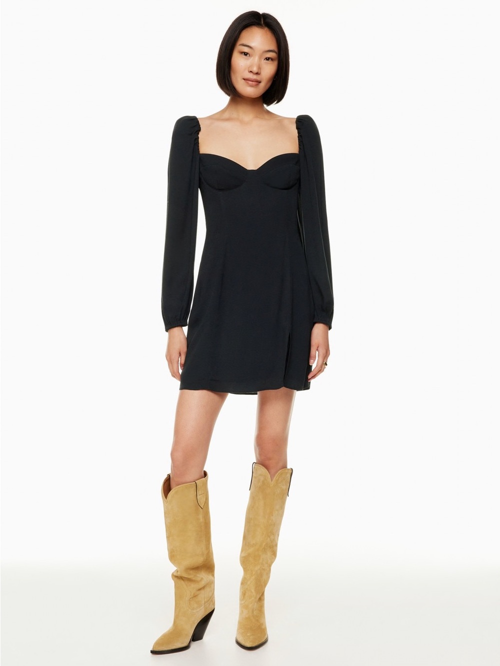 WILFRED • Novella Dress Puff-sleeve mini dress with slit size 10 black LBD